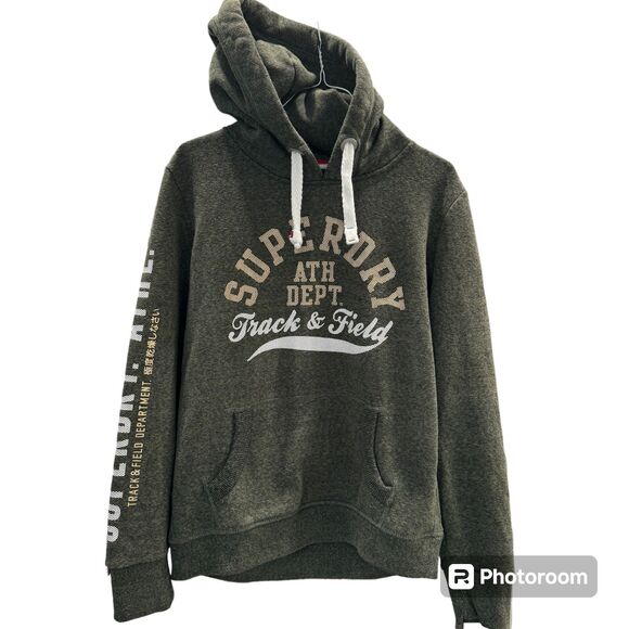 Superdry Track and Field Pullover Hoodie Army Green Metallic Print Warm Wear - Picture 1 of 6